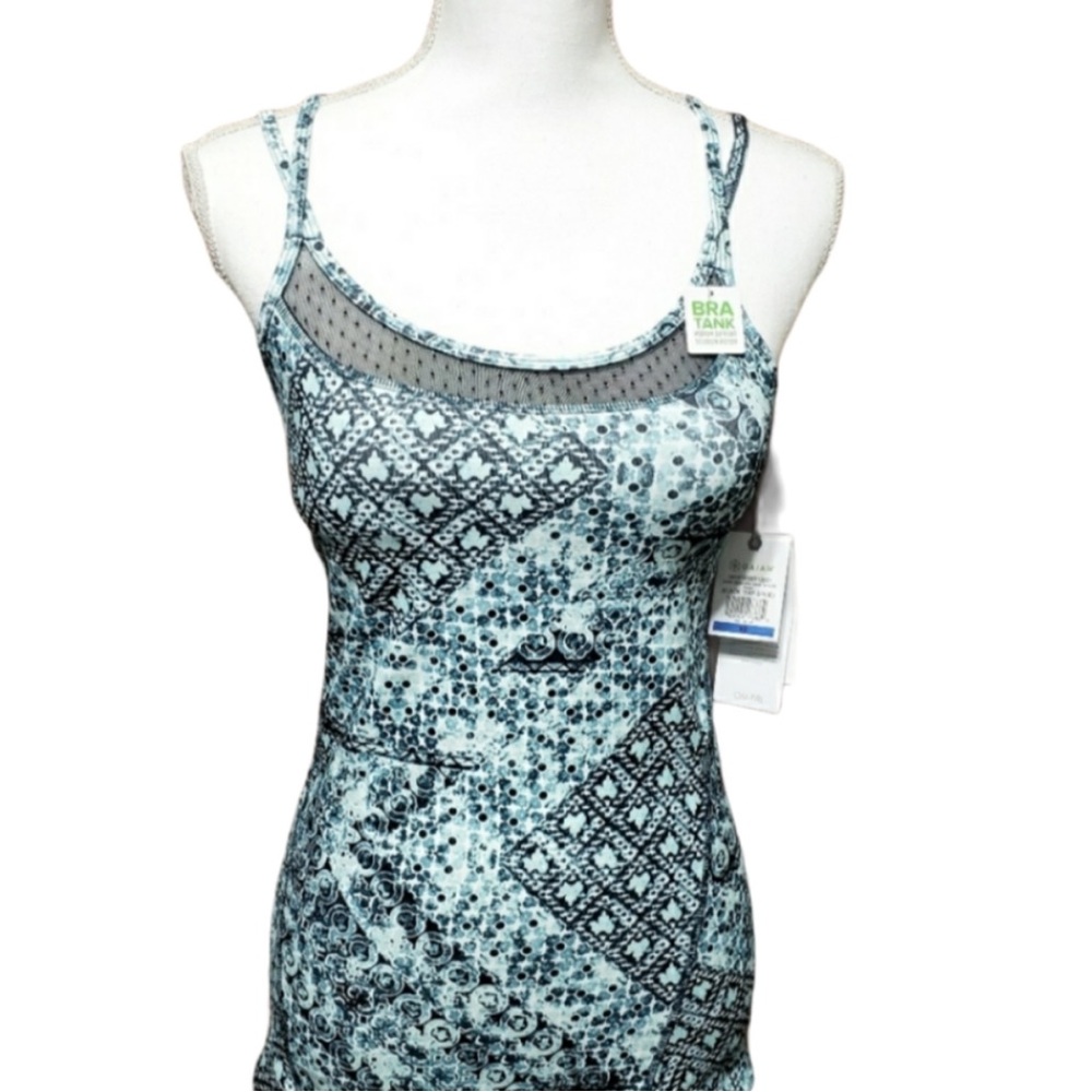 Gaiam Blue White Aqua Geometric Tank TOP Mesh Trim Strappy Size Medium MED